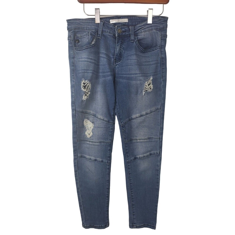 Kancan Moto Style Jeans 7/27 Womens Mid Rise Distressed Skinny Leg Medium Wash